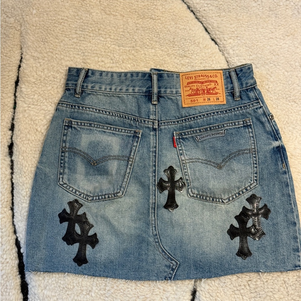 Chrome Hearts Light Blue Denim Mini Skirt with Black Cross Patches